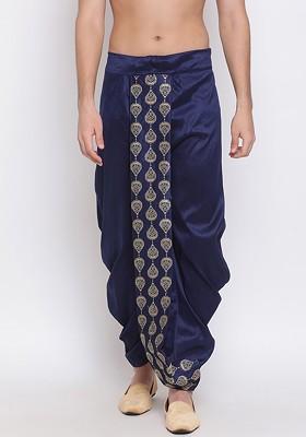 Navy Blue Embroidered Poly Blend Dhoti For Men