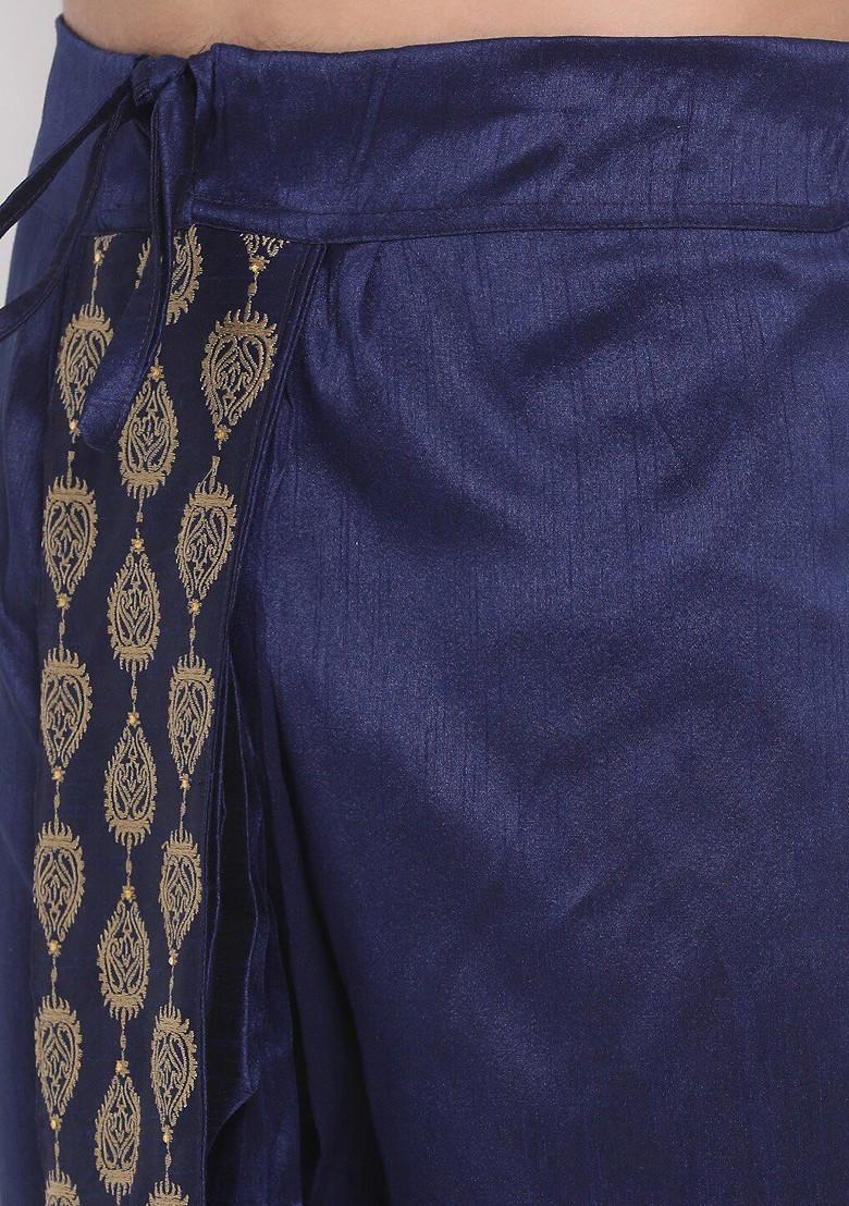Navy Blue Embroidered Poly Blend Dhoti For Men