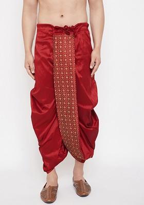 Maroon Embroidered Poly Blend Dhoti For Men