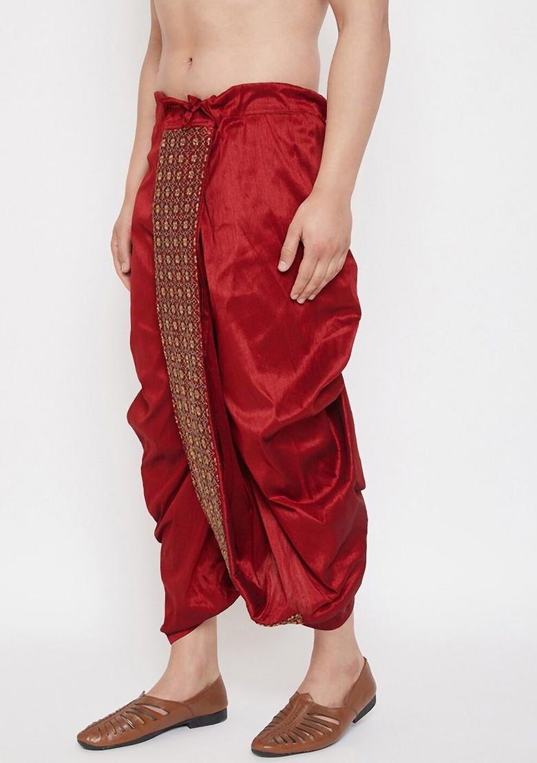 Maroon Embroidered Poly Blend Dhoti For Men