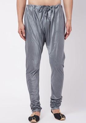 Grey Solid Poly Blend Churidar For Men