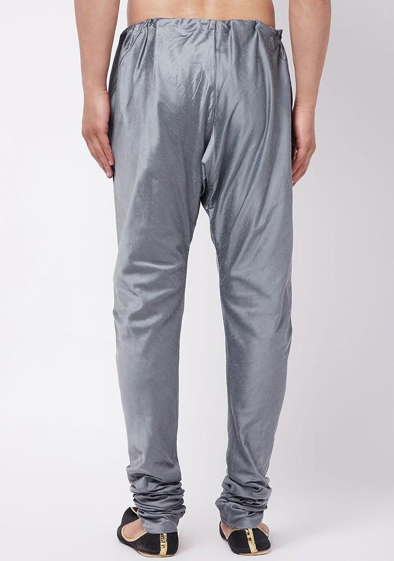 Grey Solid Poly Blend Churidar For Men