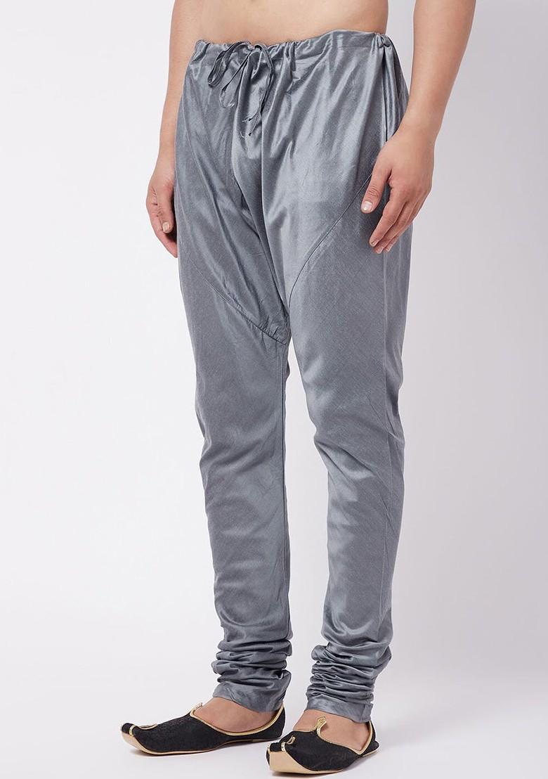 Grey Solid Poly Blend Churidar For Men