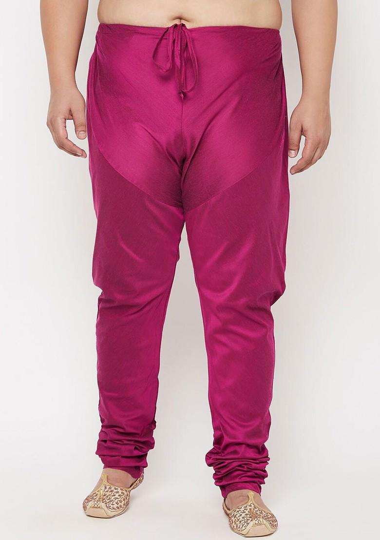 Fuchsia Pink Solid Poly Blend Churidar For Men