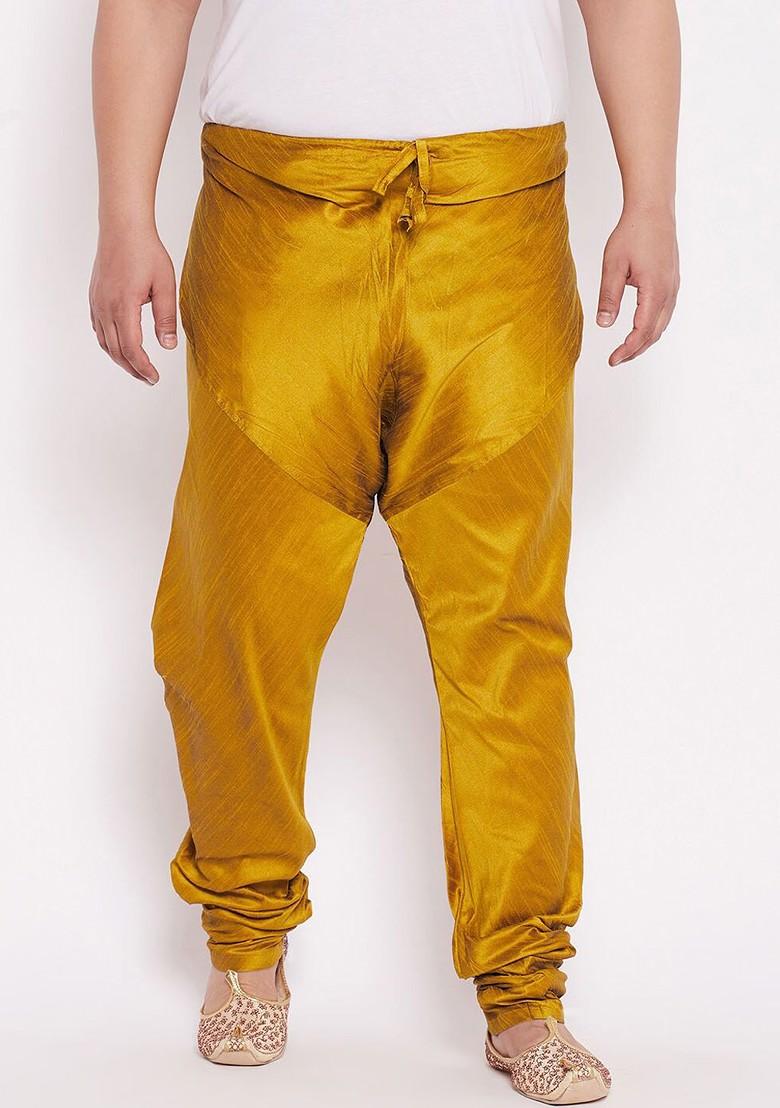 Mustard Solid Silk Churidar For Men