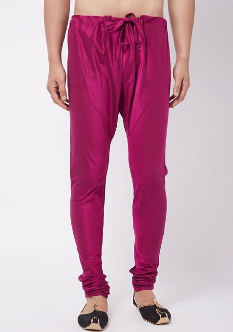 Fuchsia Pink Solid Poly Blend Pyjama For Men