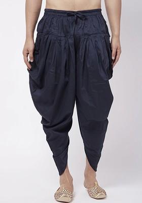 Navy Blue Solid Poly Blend Dhoti For Men