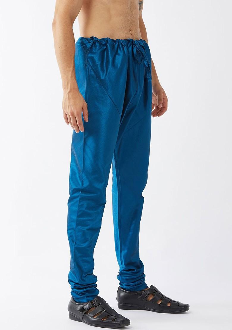 Blue Solid Poly Blend Churidar For Men