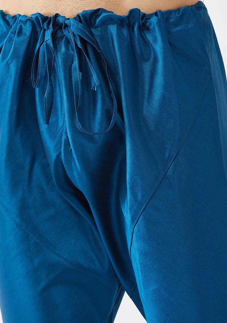 Blue Solid Poly Blend Churidar For Men