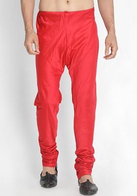 Red Solid Poly Blend Churidar For Men