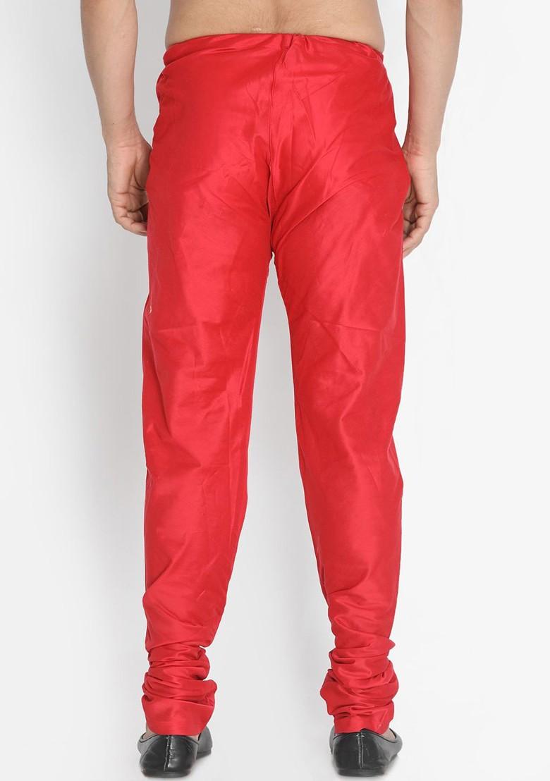 Red Solid Poly Blend Churidar For Men