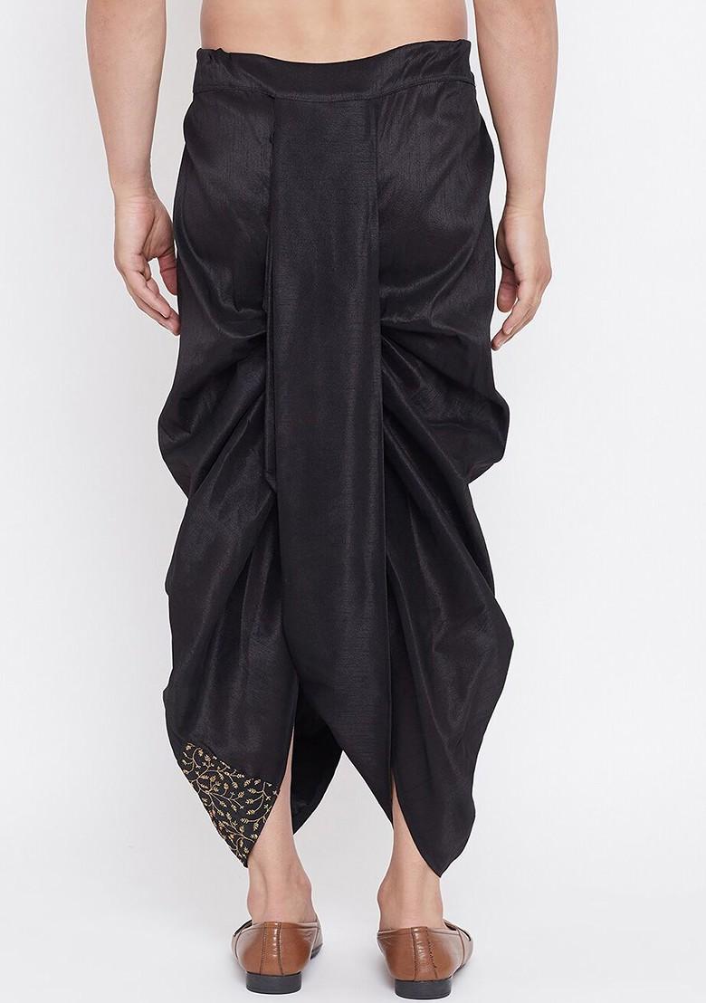 Black Embroidered Poly Blend Dhoti For Men
