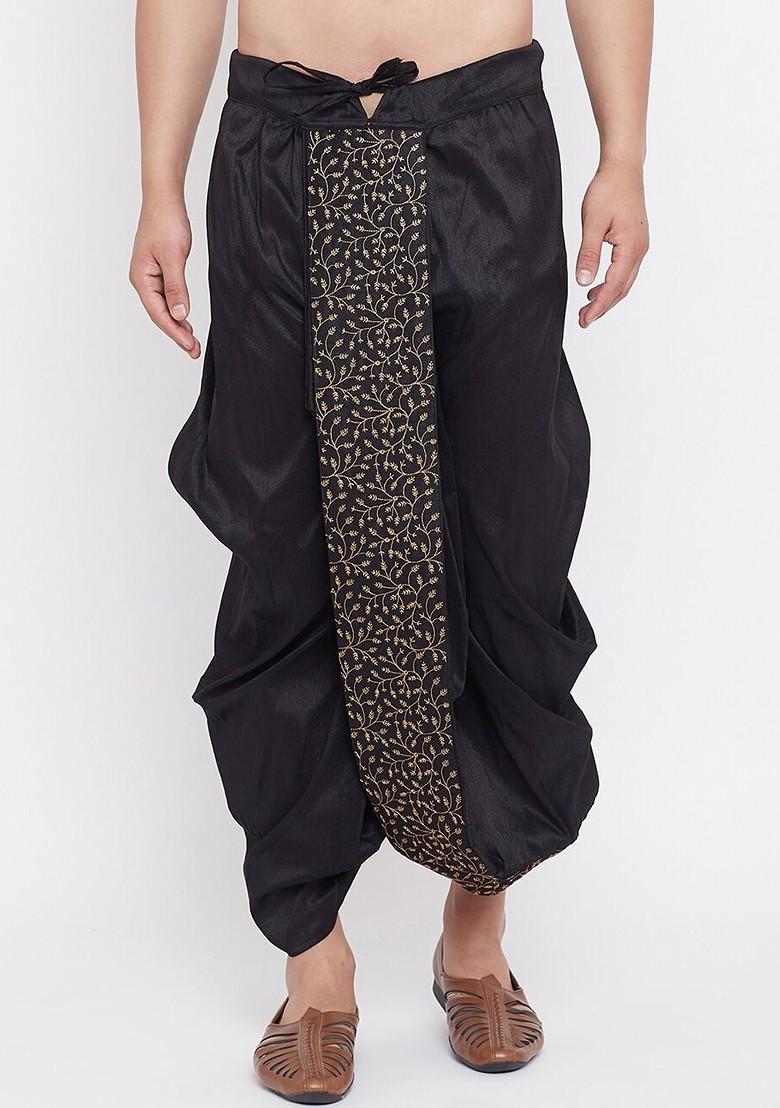 Black Embroidered Poly Blend Dhoti For Men