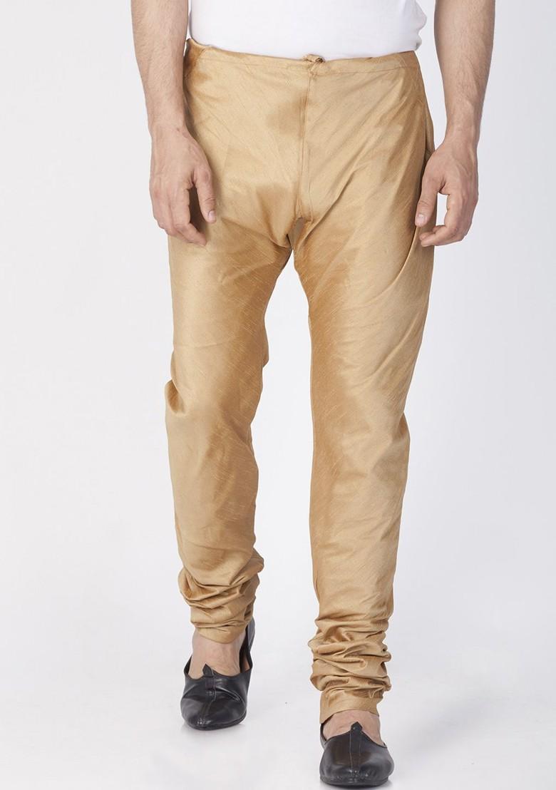 Beige Solid Poly Blend Churidar For Men