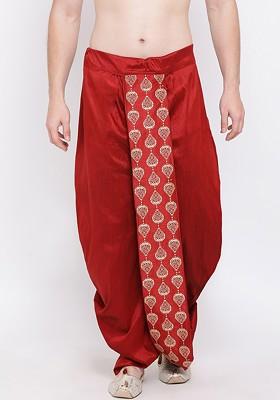 Maroon Embroidered Poly Blend Dhoti For Men