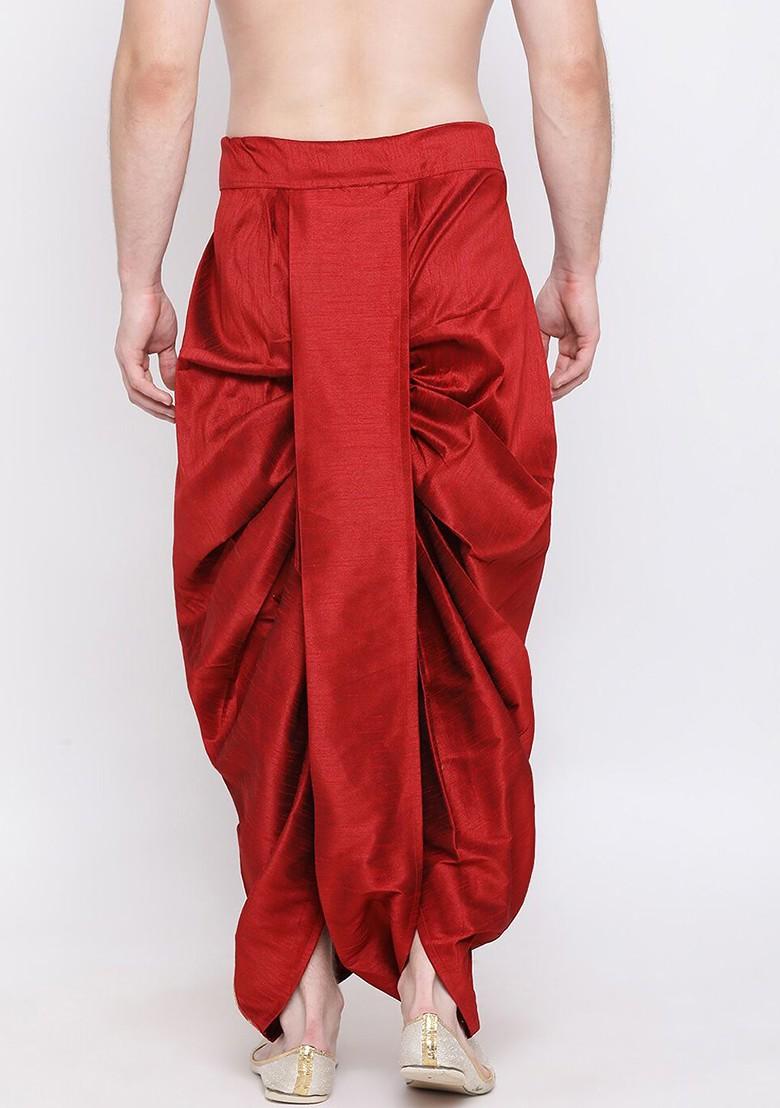 Maroon Embroidered Poly Blend Dhoti For Men
