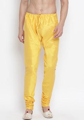 Yellow Solid Poly Blend Churidar For Men