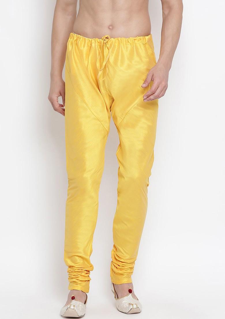Yellow Solid Poly Blend Churidar For Men