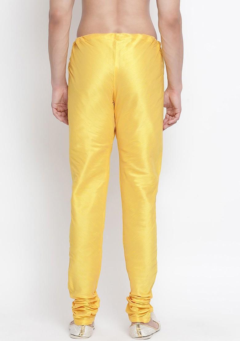 Yellow Solid Poly Blend Churidar For Men