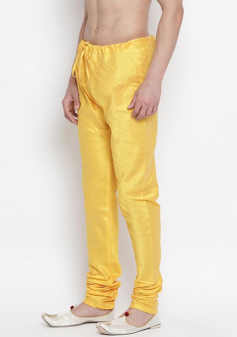 Yellow Solid Poly Blend Churidar For Men