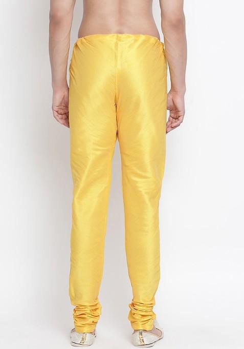 Yellow Solid Poly Blend Churidar For Men