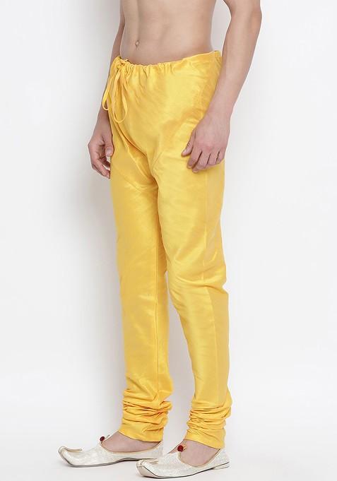 Yellow Solid Poly Blend Churidar For Men
