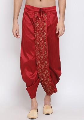 Maroon Solid Silk Dhoti For Men