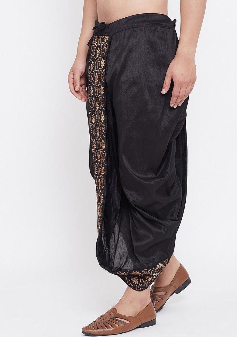Black Embroidered Poly Blend Dhoti For Men