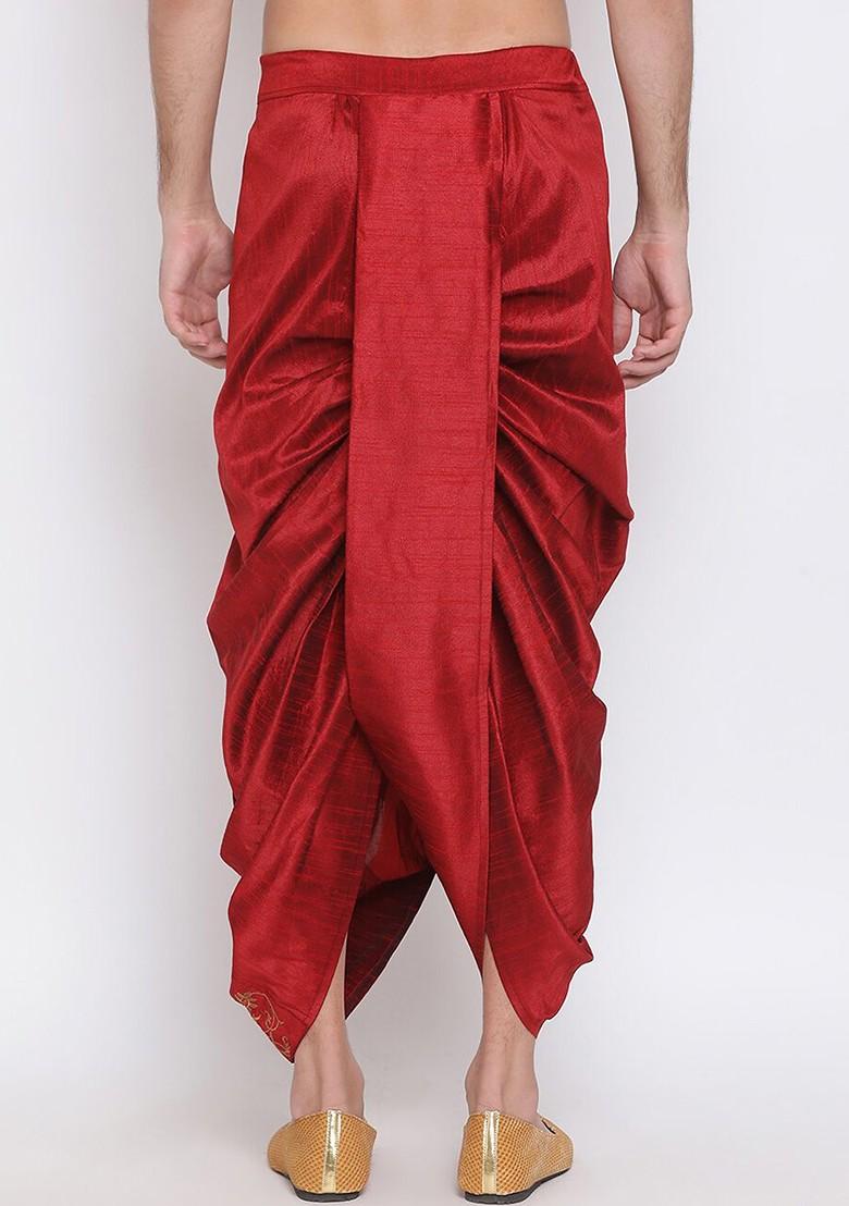 Maroon Embroidered Poly Blend Dhoti For Men