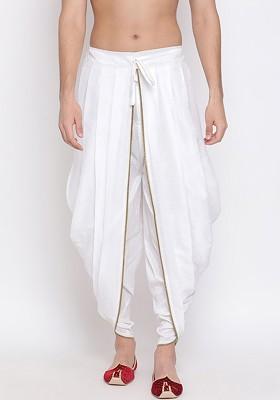 White Solid Poly Blend Dhoti For Men