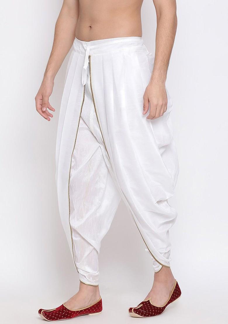 White Solid Poly Blend Dhoti For Men