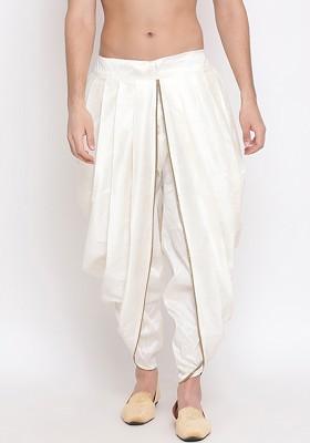 White Solid Poly Blend Dhoti For Men