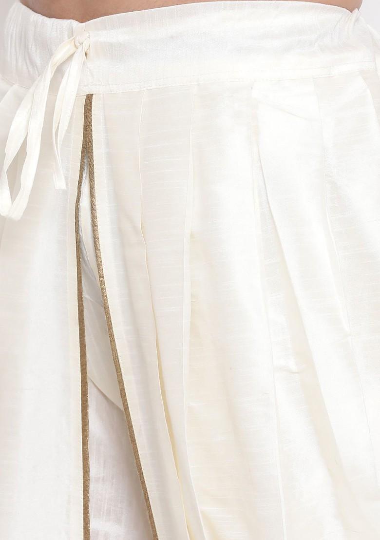 White Solid Poly Blend Dhoti For Men