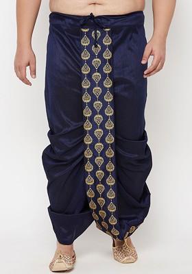 Navy Blue Embroidered Poly Blend Dhoti For Men