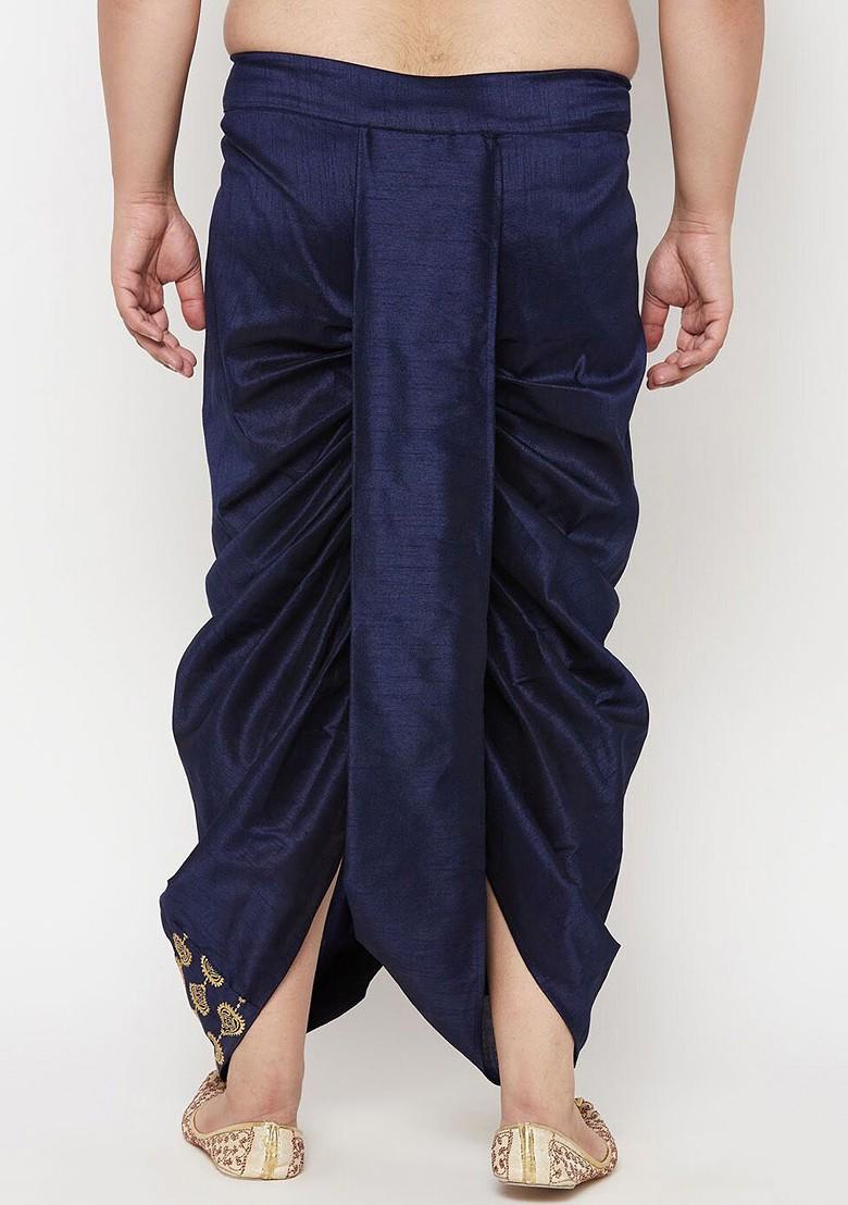 Navy Blue Embroidered Poly Blend Dhoti For Men