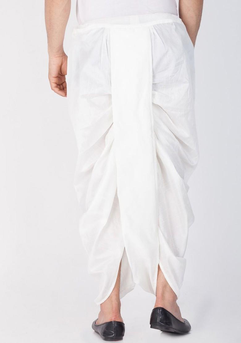 White Solid Poly Blend Dhoti For Men