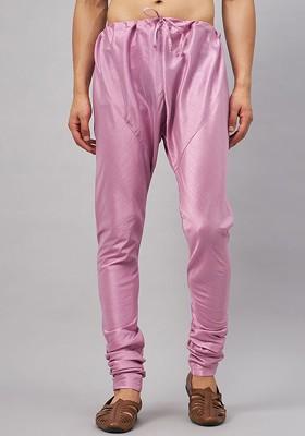 Pink Solid Poly Blend Churidar For Men