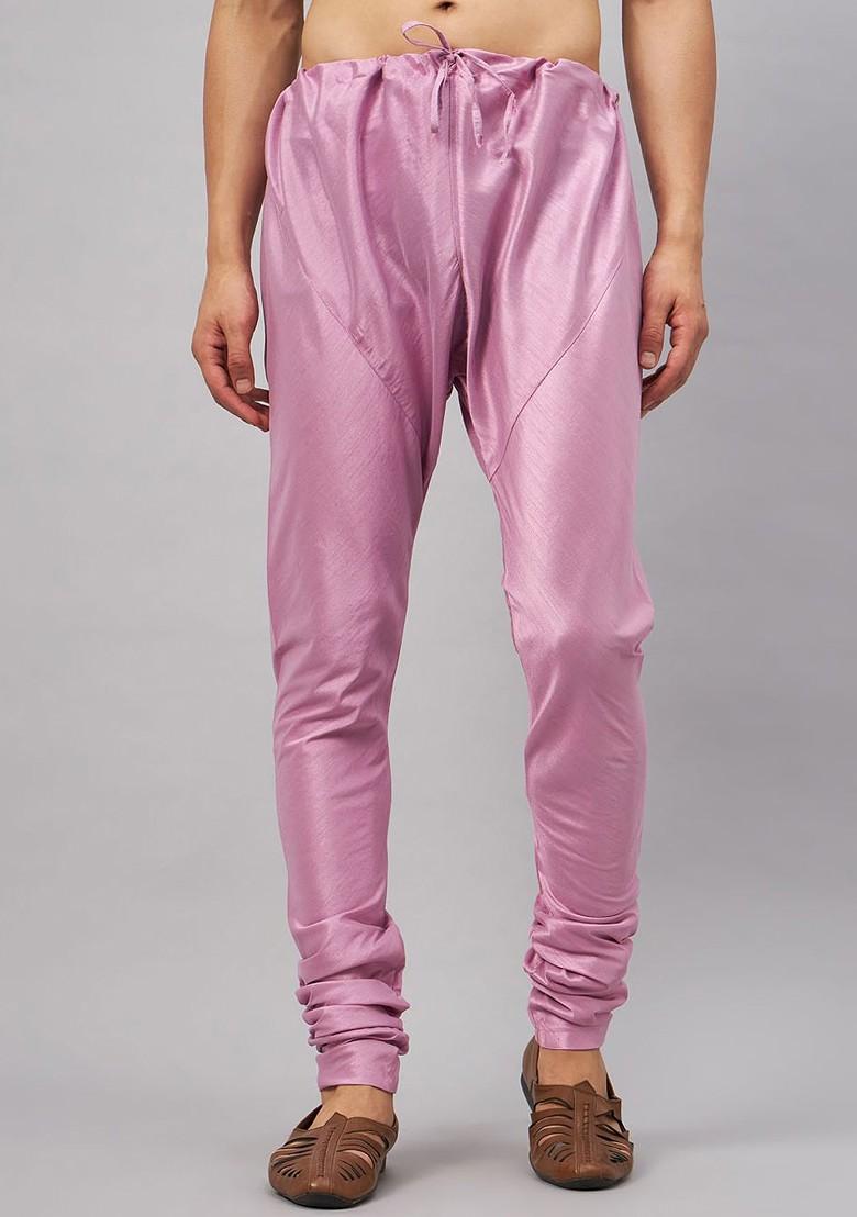 Pink Solid Poly Blend Churidar For Men