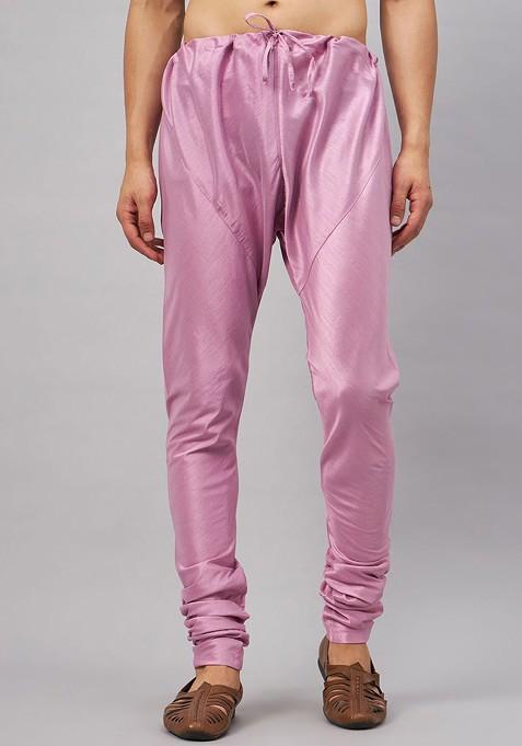 Pink Solid Poly Blend Churidar For Men
