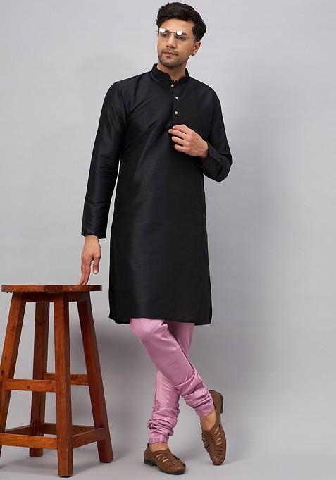 Pink Solid Poly Blend Churidar For Men