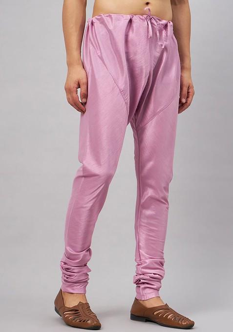 Pink Solid Poly Blend Churidar For Men