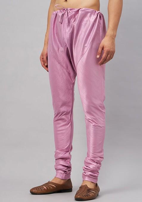 Pink Solid Poly Blend Churidar For Men