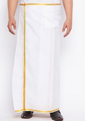 White Solid Poly Blend Dhoti For Men
