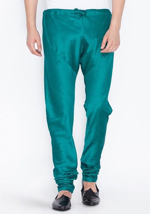 Green Solid Poly Blend Churidar For Men