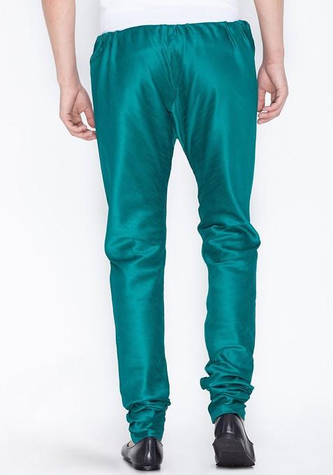 Green Solid Poly Blend Churidar For Men