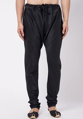 Black Solid Poly Blend Churidar For Men