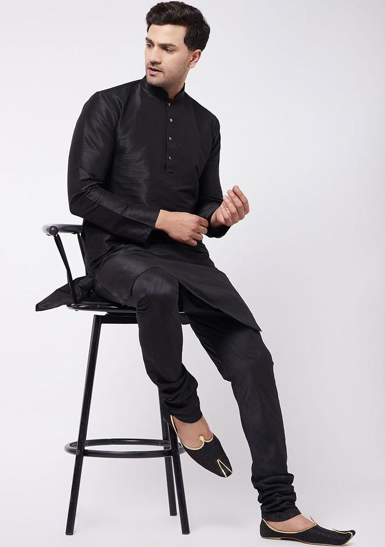 Black Solid Poly Blend Churidar For Men