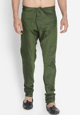 Green Solid Poly Blend Churidar For Men