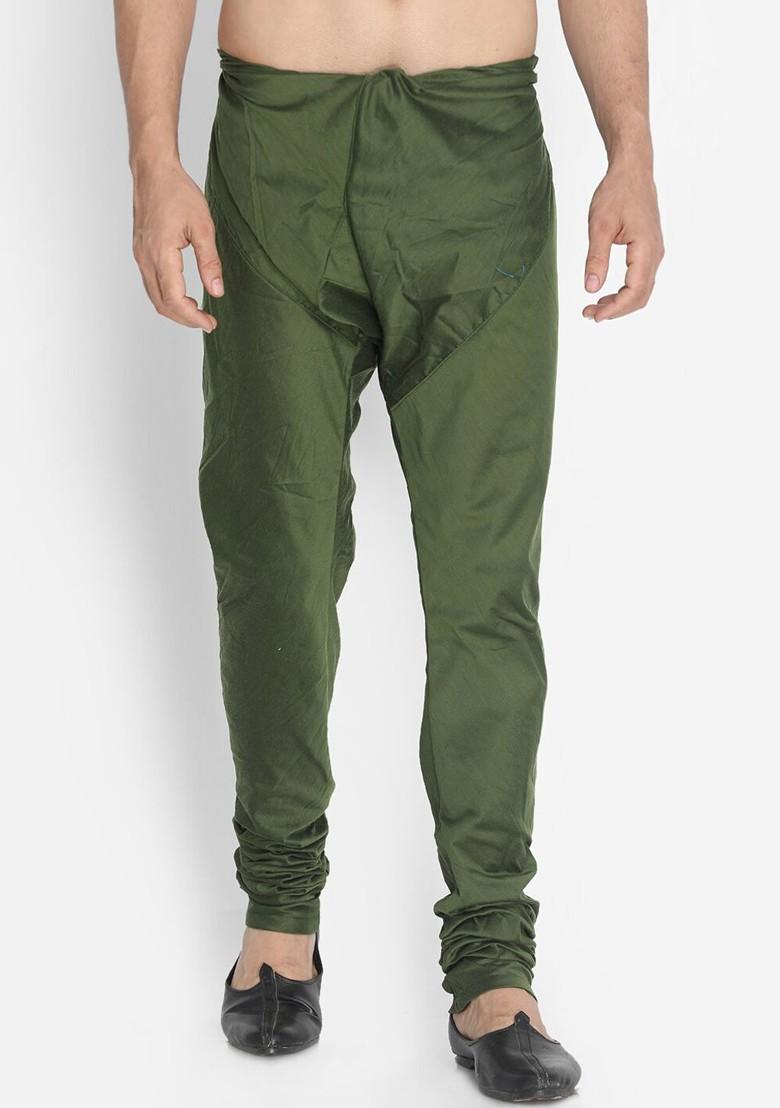 Green Solid Poly Blend Churidar For Men