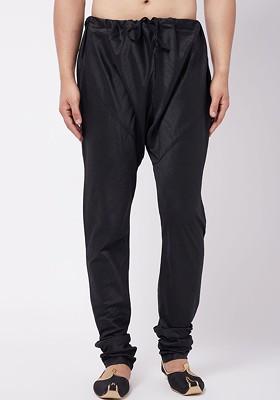 Black Solid Poly Blend Churidar For Men